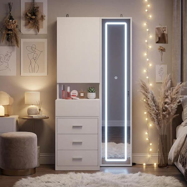 White Makeup Vanity Desk Wood Dressing Table With Sliding Top, Full-Length Mirror, Hidden Shelves, Drawers, LED Lights