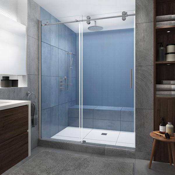 Sunny Shower Fully Frameless Sliding Shower Doors, 3/8 Clear Glass, 60 W  x 72 H Shower Enclosure, Brushed Stainless Steel 