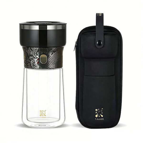 1.5-Cup Black Dragon Glass Tea Pot for Loose Tea Diffusers with Insulated Mug and Portable Tea Kits, Smart One Touch