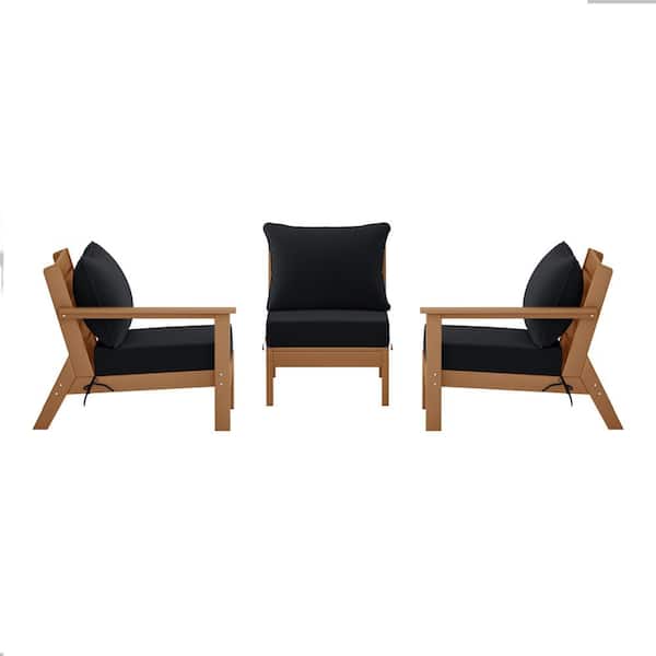 WESTIN OUTDOOR Birchwood Teak Arrangeable Outdoor Patio 3-Piece Deep Seating HDPE Sofa Arm Chair Set w/ Black Cushions
