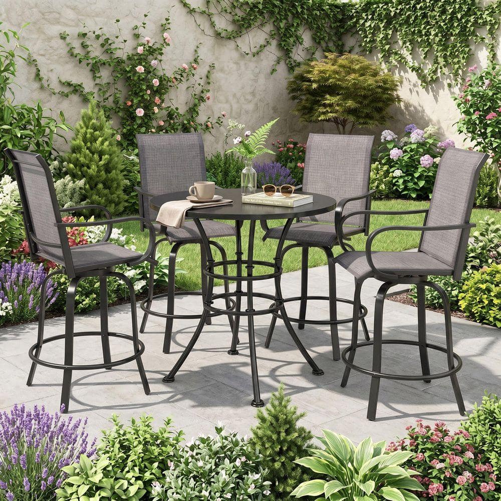 Gray Metal Outdoor Dining Chairs, All-Weather Patio Swivel Bar