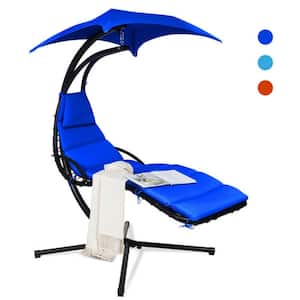 Metal Outdoor Hanging Stand Chaise Lounger Swing Chair with Navy Cushions and Pillow