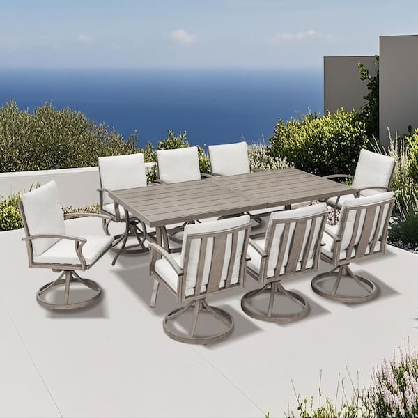 AluLux 9-Piece White Oak Aluminum Outdoor Dining Set with 8-Swivel Dining Chairs, Rectangular Table and Beige Cushions
