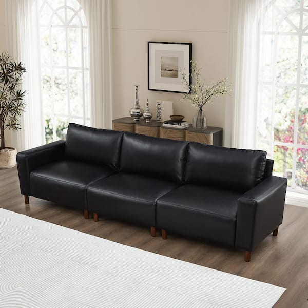 Drevin Modern 112 in. Square Arms PU Faux Leather Upholstered Rectangle 3-Seater Sofa in Black