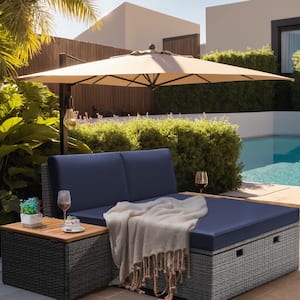 Wicker Outdoor Day Bed with Removable Storage Cabine and Bedside Cabinetst, Blue Cushions