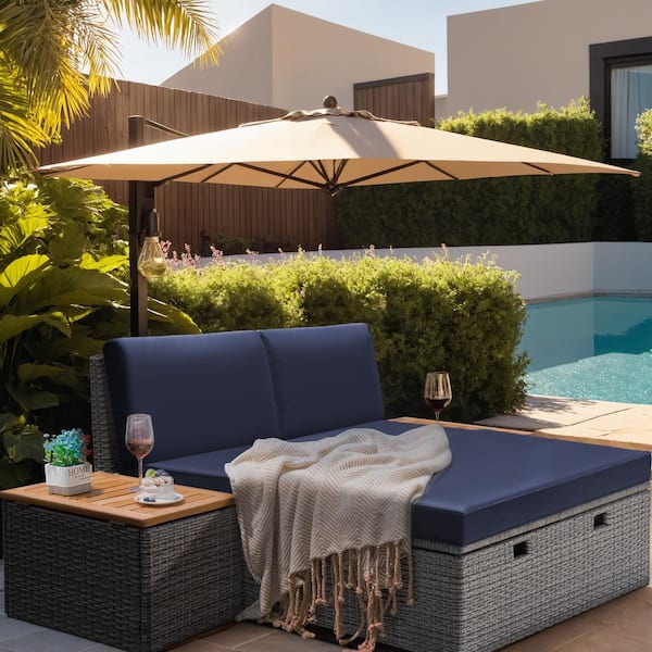 Foredawn Wicker Outdoor Day Bed with Removable Storage Cabine and Bedside Cabinetst, Blue Cushions