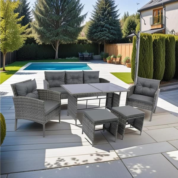 Unbranded 6-Piece Wicker Outdoor Bistro patio combo conversation Set with conversation table gray wicker plus dark gray Cushions