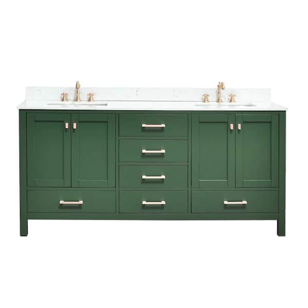 Bath Mist 72 in. W. Double Sink Freestanding Bath Vanity in Green with White Engineered Top