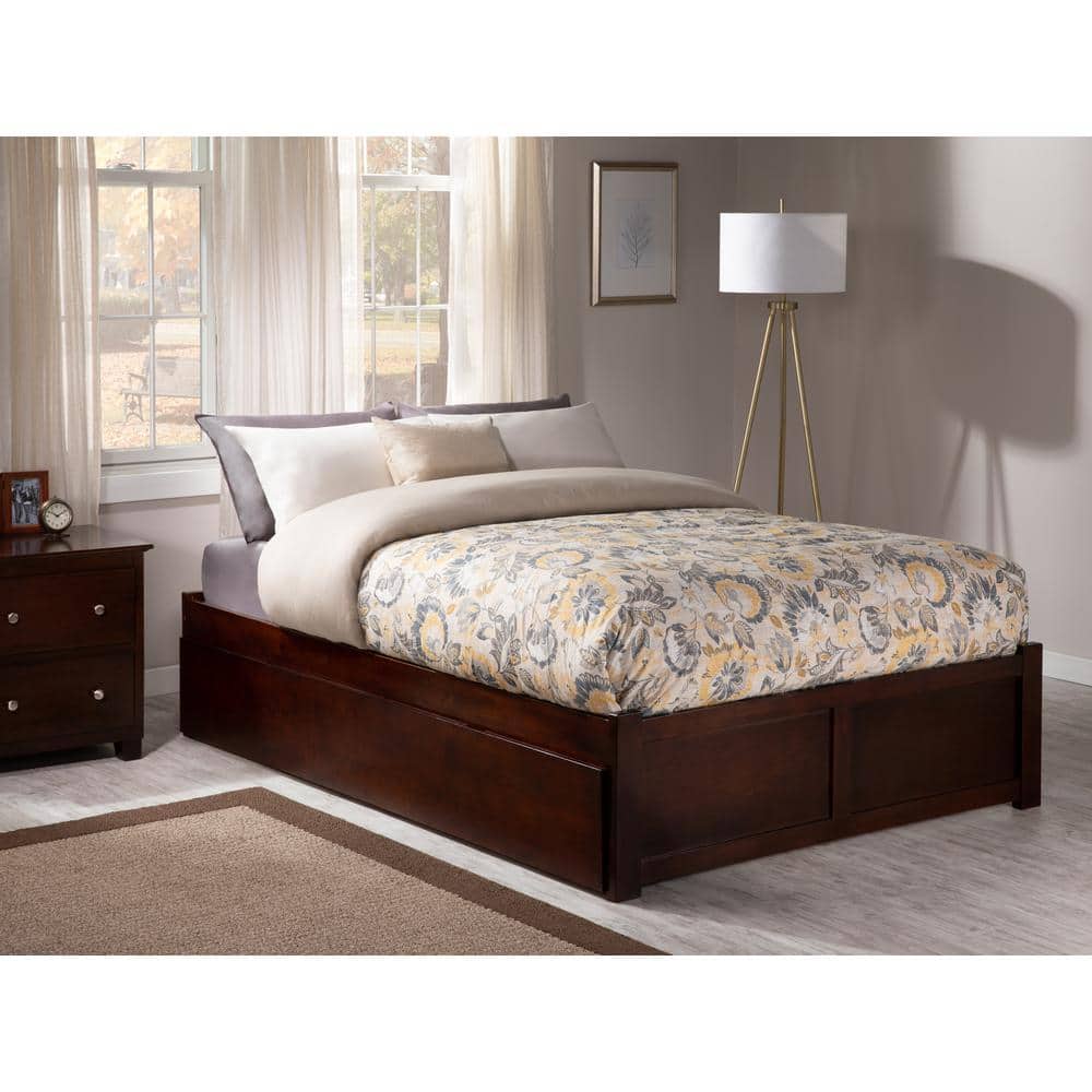 Concord Walnut Queen Platform Bed with Upholstered Headboard and Storage Trundle