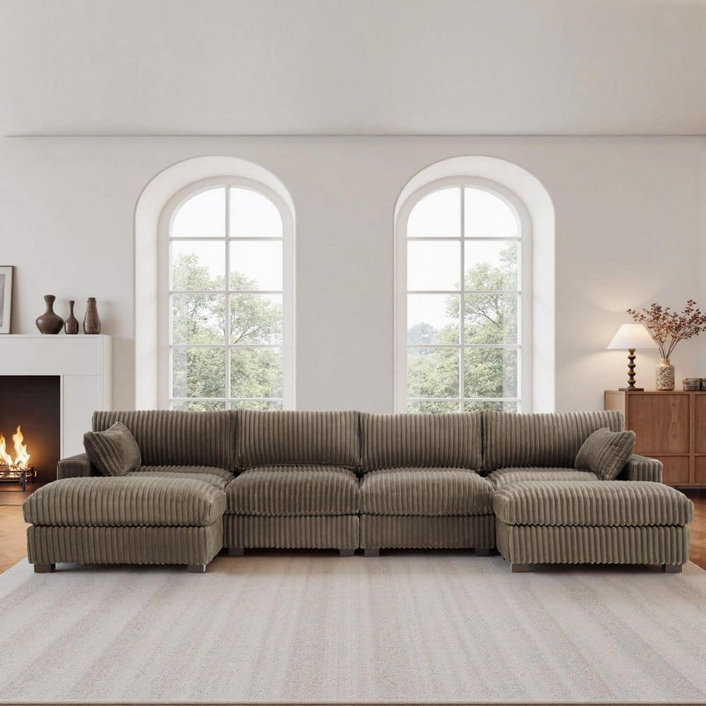 148.03 in. W Modern Square Arm 6-Piece Faux Rabbit Fur Fabric U-Shaped Modular Sectional Sofa in Light Brown price history on PriceWatchPro