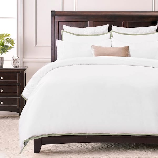 Chanasya 3-Piece Ribbon Embroidered Sage Solid Color Microfiber Duvet Cover Set, King