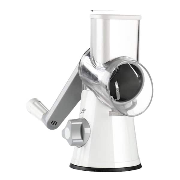 White Grater Cheese Shredder-Round Mandoliner, Vegetable Slicer, Walnuts Grinder with Strong Hold Suction Cup Base