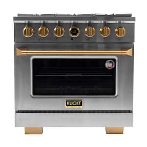 36 in. 5.2 cu.ft. 6-Burners Dual Fuel Range Propane Gas in Stainless Steel with Gold Accents and Digital Dial Thermostat