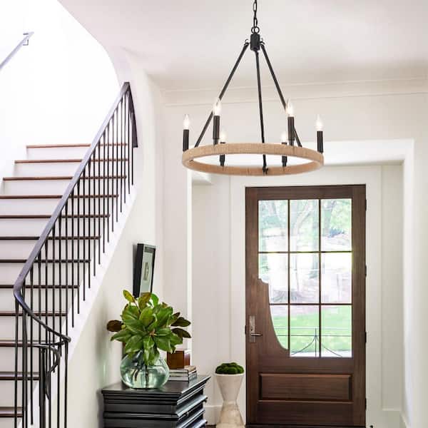 LWYTJO 6-Light Rustic Black Hemp Rope Wagon Wheel Chandelier for