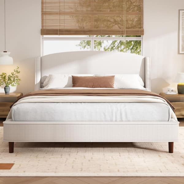 Core Beige Upholstered Wood Frame California King Size Platform Bed with Wingback Headboard