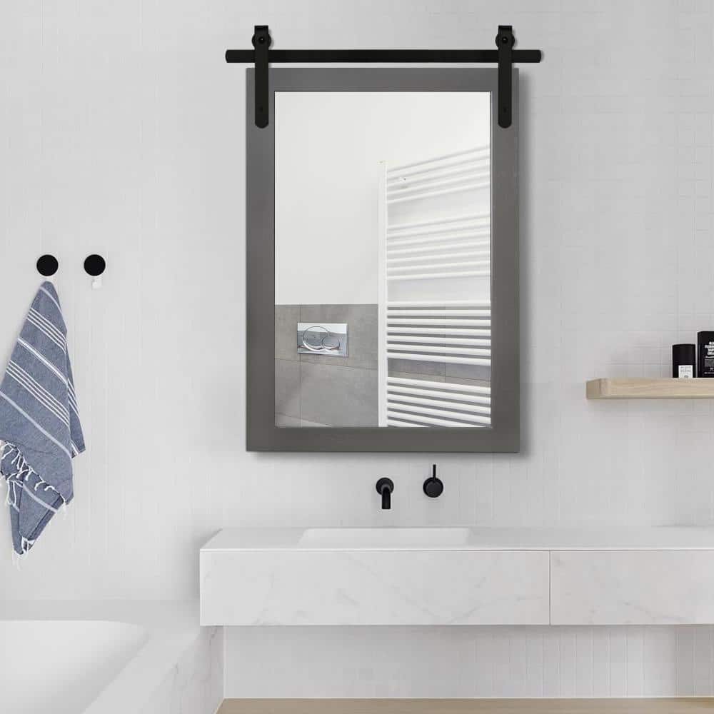 18 in. W x 26 in. H Small Rectangle Mirror Wood Framed Wall Mirror Bathroom Mirror Vanity Mirror in Gray