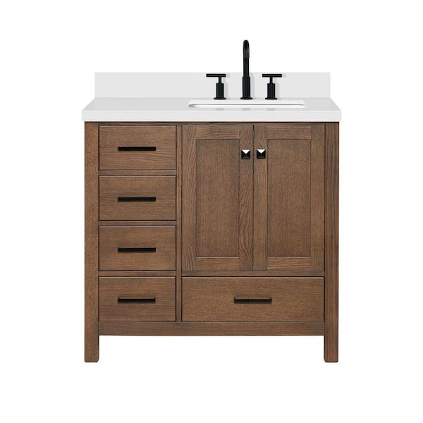 Cambridge 36 in. Single Sink Freestanding Bathroom Vanity in Brown Oak with Pure White Quartz Top