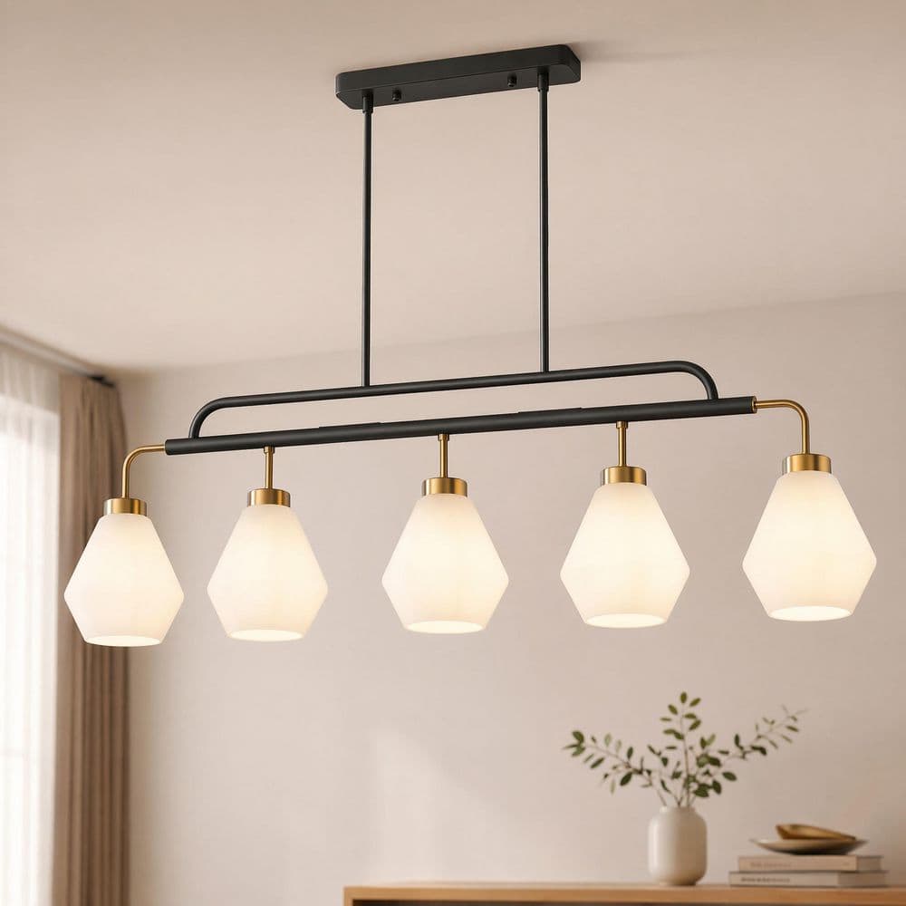 43.7 in. 5-Light Matte Black Modern Chandelier Light with White Etched Glass Shades for Kitchen, Living Room price history on PriceWatchPro