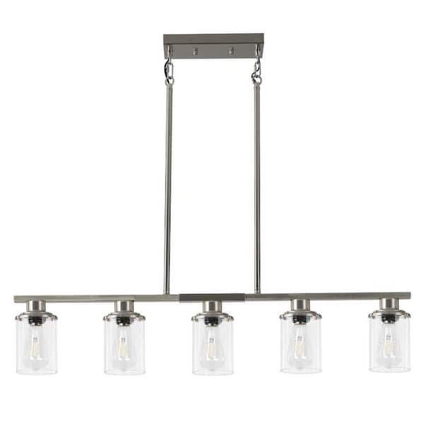 5-Light Brushed Nickel Linear Chandelier Pendant Light Industrial Ceiling Light for Kitchen Island