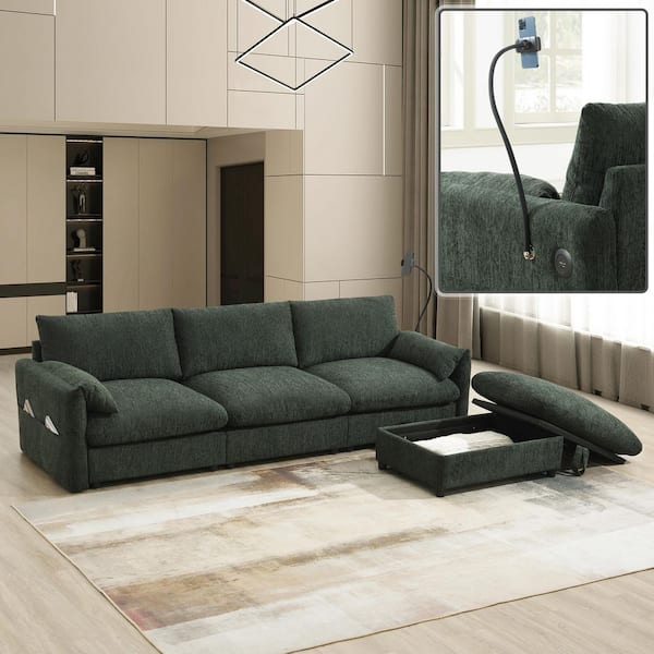 Harper & Bright Designs 96.5 in. Chenille L Shaped Sectional Sofa in Green with Storage Ottoman, Adjustable Phone Holder, USB Charger