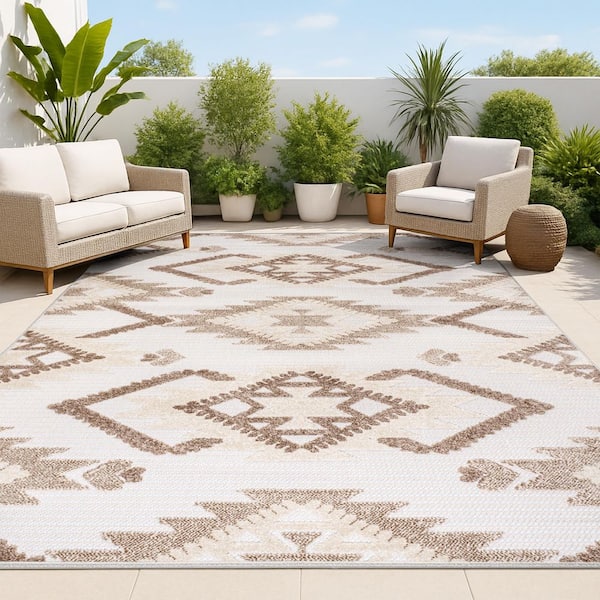 Sumak Brown/Ivory 3 ft. x 5 ft. High-Low Pile Neutral Diamond Kilim Indoor/Outdoor Area Rug