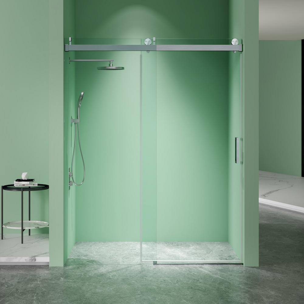 60 in. W x 76 in. H Single Sliding Frameless Shower Door in Brushed Nickel 