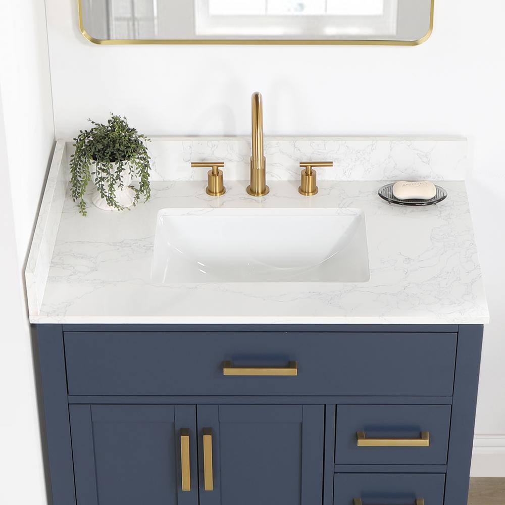 Royal Blue 36" Freestanding Vanity with Grain White Top & Gold Accents