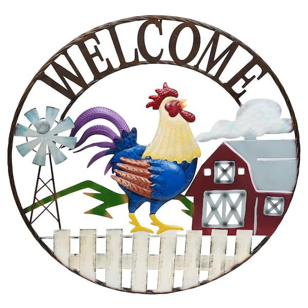 Alpine Corporation Large Round Rooster and Farm 'Welcome' Decor SCC578L ...