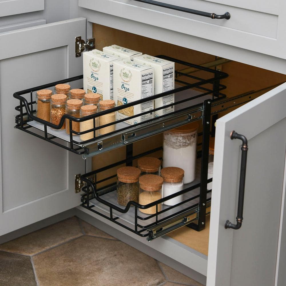 Black Dual-Slide Steel 2-Tier Pull-Out Storage Organizer