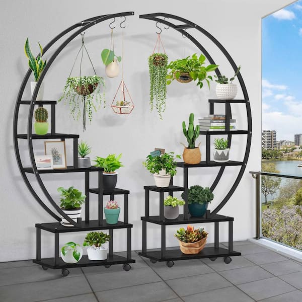 5 Tier Metal Plant Stand with Hanging Loop, Plant Shelf Holder for