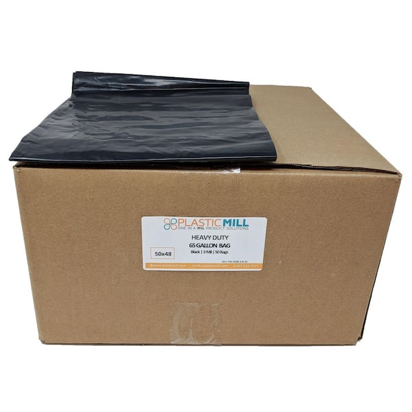 PlasticMill 50 in. W x 48 in. H. 65 Gal. 3 mil Black Contractor Bags (50-Count)