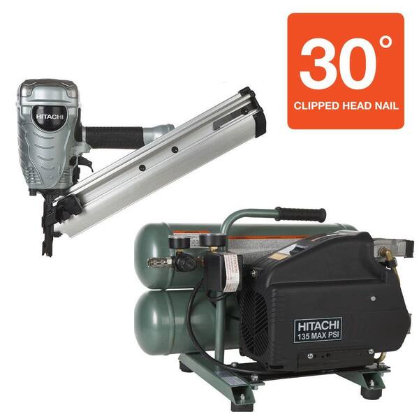 Hitachi 2-Piece 3.5 in. Paper Clipped-Head Framing Nailer and 4 Gal. Portable Twin Stack Compressor Kit