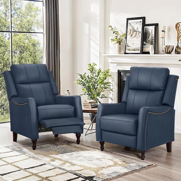 cozyman Hania Navy Genuine Leather Recliner Chair Arm Chair with Rivets & Retractable Footrest (Set of 2)