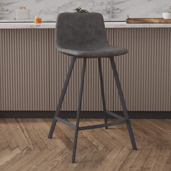 Leisuremod Elland 35 in. Leather Upholstery Counter Stool in Black Stainless Steel for Indoor and Outdoor in Grey