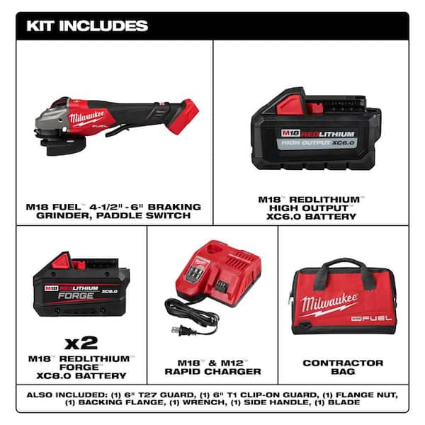 M18 FUEL 18-Volt Lith-Ion Cordless 4-1/2 in. /6 in. w/Paddle Switch, Two XC 8.0 Ah Battery, & One 6. 0Ah Battery