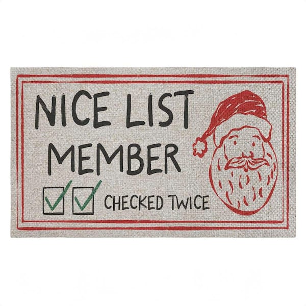 Nice List Member Checked Twice Red 18 in. x 30 in. Polyester Non-Slip Outdoor Door Mat
