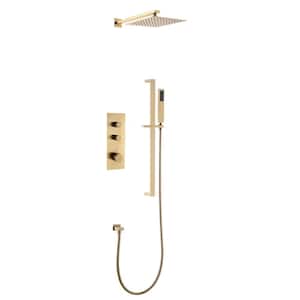 Single-Handle 1-Spray Wall Mount Shower Faucet 2.5 GPM with Anti Scald Modern Thermostatic Shower System in Brushed Gold