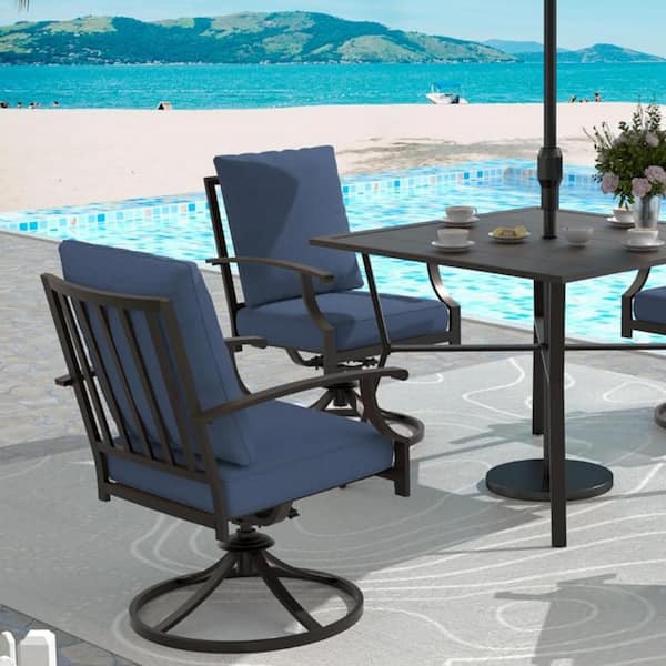 Halmuz Brown Swivel Metal Outdoor Dining/Side/Restaurant Rocking Chairs with Vertical Back and Navy Blue Cushions (2-Pack)