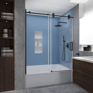 Langham XL 56 - 60 in. W x 70 in. H Frameless Sliding Tub Door in Bronze with Star Cast Clear Glass, Right Opening