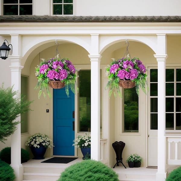 21.3 in. Purple Outdoor Artificial Hydrangea Flowers in Hanging
