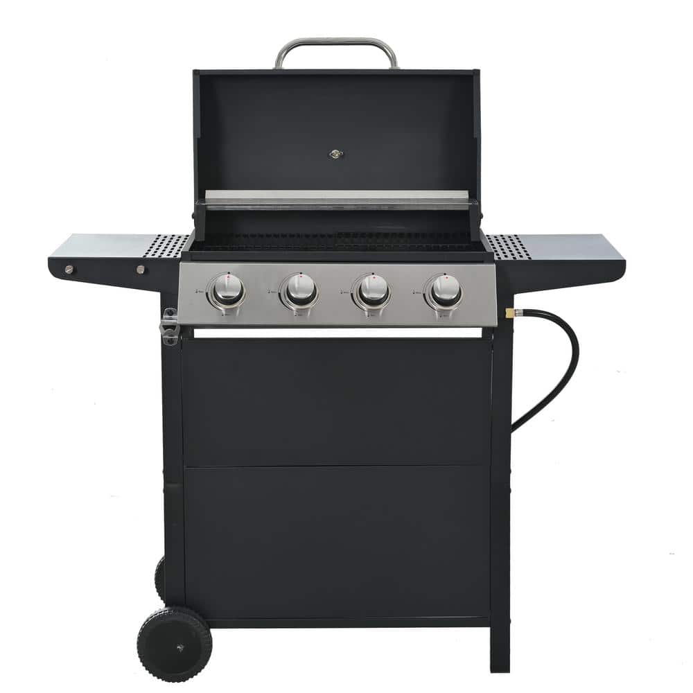 Black Stainless Steel 4-Burner Propane Gas Grill with Folding Shelves