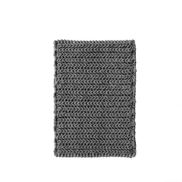 Vsmile 17 in. x 24 in. 100% Charcoal Cotton Chenille Chain Stitch Bathroom Rug with Non-Skid Backing