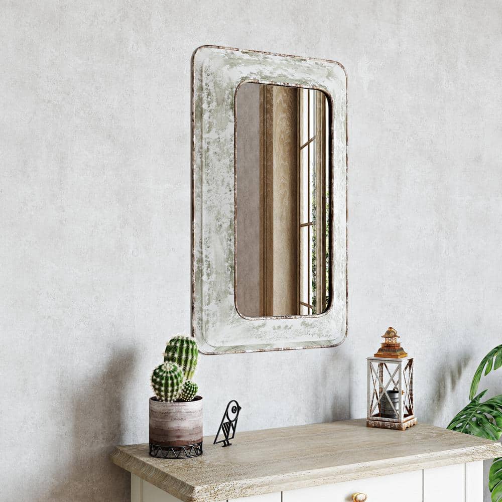 Jaycee Distressed White Metal Rectangular Wall Mirror