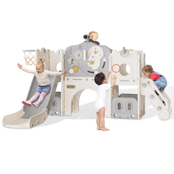 Aldo 7.3 ft. 12 in 1 Beige Gray Toddler Wave Slide, Astronaut Themed Baby Slide for Toddlers Aged 1-3, Toddler Playset