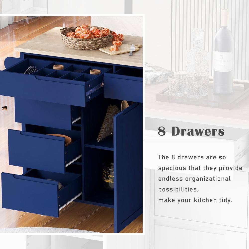 Blue Rubber Wood MDF Kitchen Cart with Spice Rack and Locking Wheels - thumbnail 4