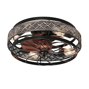 20 in. Indoor Black Rattan Boho Ceiling Fan with Light and Remote, Caged Ceiling Fan, Flush Mount Ceiling Fan