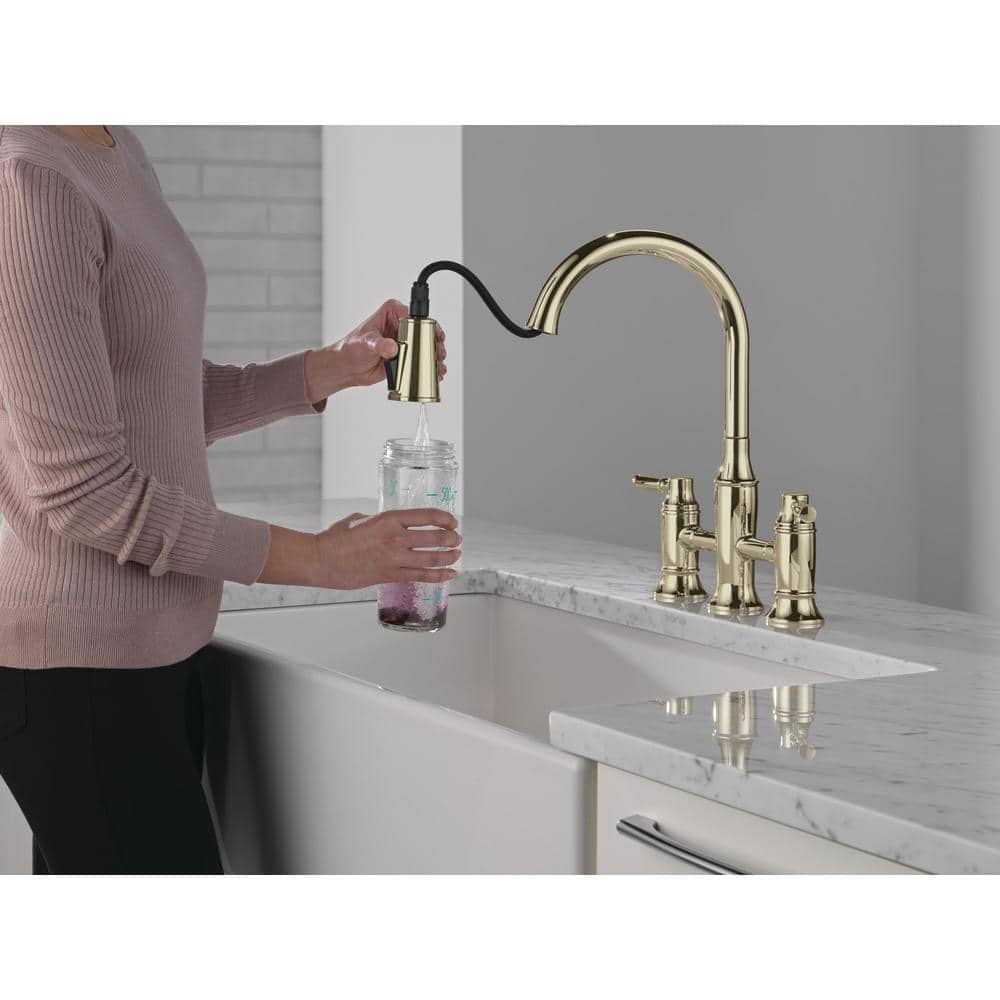 Polished Nickel Double Handle Bridge Kitchen Faucet with Pull-out Spray