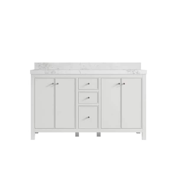 Willow Collections Chicago 60 in. Double Sink Freestanding White Bath Vanity with Calacatta Nuvo Qt. Top Unassembled
