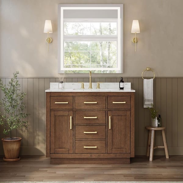 Beckett TK 42 in. Single Freestanding Dark Oak with Brushed Gold Trim Bath Vanity with Carrara Cultured Marble Top