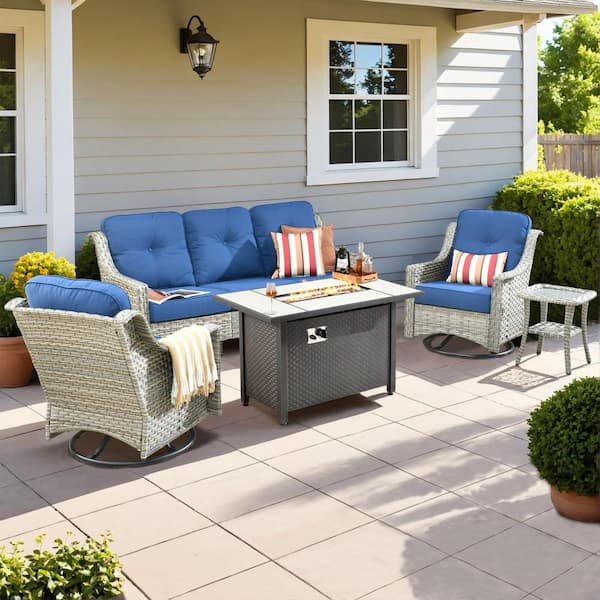 Verona 5-Piece Wicker Outdoor Patio Conversation Sofa Seating Furniture Set with a Fire Pit and Navy Blue Cushions